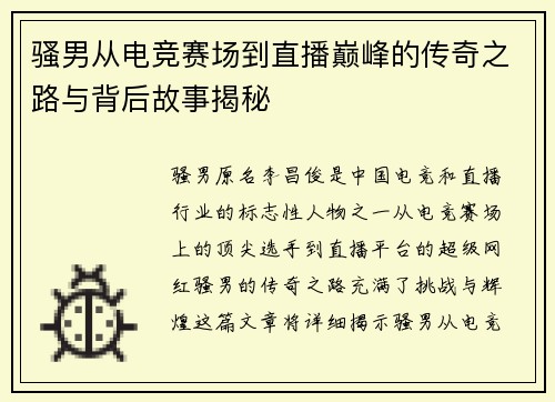 骚男从电竞赛场到直播巅峰的传奇之路与背后故事揭秘