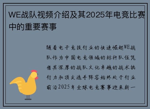 WE战队视频介绍及其2025年电竞比赛中的重要赛事